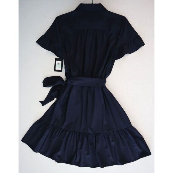 DKNY DD4A4502 Women's Sz 8 Navy Blue Belted Flutter Sleeve Shirtdress - Picture 2 of 8